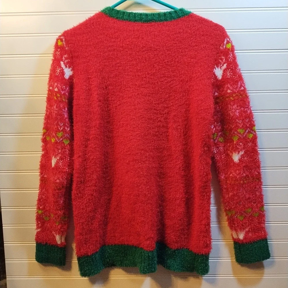 Holiday Time Red Fluffy Reindeer Ugly‎ Christmas Sweater Girl's XL 14-16 Sequins